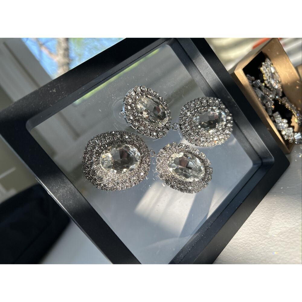 Pageant Prom Earrings Large Rhinestone Crystal Silver Clear Lot Drag Chandelier - Picture 3 of 13